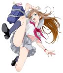  9aki bag brown_hair kicking long_hair panties pantyshot school_bag school_uniform serafuku skirt underwear 