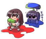  2girls :3 akagi_(kantai_collection) blue_skirt brown_eyes brown_hair chibi flat_gaze japanese_clothes kaga_(kantai_collection) kakuzatou_(koruneriusu) kantai_collection long_hair multiple_girls muneate paint_roller pleated_skirt ponytail red_skirt short_hair side_ponytail skirt splatoon water_gun white_legwear 