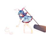  1girl animal animal_ears barefoot bent_over blue_dress blue_hair dress flying_sweatdrops full_body hammer long_hair looking_down low_twintails nr_(cmnrr) open_mouth pink_eyes puffy_sleeves rabbit rabbit_ears seiran_(touhou) short_sleeves simple_background touhou twintails white_background 