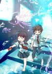  1boy 1girl :d abstract air_bubble barefoot bowtie brown_hair closed_eyes fish_bone flashlight highres holding_hands open_mouth original outstretched_arm pants running sakata_kaname school_uniform shirt short_hair skirt smile stairs striped striped_bowtie sweatdrop twintails 
