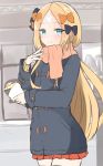  1girl abigail_williams_(fate/grand_order) absurdres bangs black_bow blonde_hair blue_eyes blush bow casual closed_mouth coat crepe eyebrows_visible_through_hair fate/grand_order fate_(series) food forehead hair_bow highres holding holding_food long_hair long_sleeves looking_at_viewer moyoron orange_bow parted_bangs pleated_skirt polka_dot polka_dot_bow scarf skirt smile solo very_long_hair 