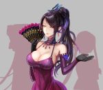  1girl bare_shoulders breasts butterfly_hair_ornament cleavage dress earrings elbow_gloves fan gloves hair_ornament jewelry kuroi large_breasts lipstick long_hair makeup michele_malebranche ponytail purple_dress red_eyes smile sound_horizon 