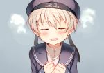  1girl beret blonde_hair blush closed_eyes clothes_writing embarrassed hat kantai_collection open_mouth sailor_collar sailor_hat shigaraki_(strobe_blue) short_hair solo steam z1_leberecht_maass_(kantai_collection) 