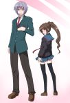  1boy 1girl back-to-back brown_eyes brown_hair genderswap glasses grey_hair hayashiya_zankurou highres kyonko nagato_yuuki necktie ponytail school_uniform short_hair standing suzumiya_haruhi_no_yuuutsu thigh-highs 