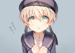  1girl beret blonde_hair clothes_writing green_eyes hat kantai_collection looking_at_viewer parted_lips sailor_collar sailor_hat shigaraki_(strobe_blue) short_hair solo z1_leberecht_maass_(kantai_collection) 