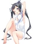  1girl arm_behind_head armpits barefoot black_hair blue_eyes breasts cleavage covered_navel dungeon_ni_deai_wo_motomeru_no_wa_machigatteiru_darou_ka hair_ribbon hestia_(danmachi) one_eye_closed rei_no_himo ribbon simple_background solo twintails uz3d white_background 