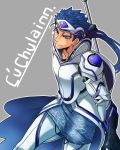  1boy armor blue_hair cu_chulainn_(megami_tensei) fusion hat highres lancer namesake polearm ponytail red_eyes shimo_(s_kaminaka) shin_megami_tensei solo spear weapon 