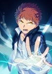  1boy absurdres aokiku brown_hair electricity emiya_shirou fate/stay_night fate_(series) highres orange_hair outstretched_hand solo track_jacket yellow_eyes 