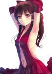  1girl alternate_costume alternate_eye_color armpits arms_up blush breasts brown_hair cleavage culter dress elbow_gloves expressionless gloves hair_ornament hair_ribbon hair_tubes hakurei_reimu jpeg_artifacts looking_at_viewer midriff navel navel_cutout pink_eyes red_dress red_gloves ribbon showing_armpits simple_background sleeveless solo touhou upper_body white_background 