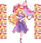  1girl ^_^ alphes_(style) annoyed blonde_hair blush breasts closed_eyes crying dairi dress elbow_gloves facial_expressions gloves head_tilt highres kneehighs long_hair open_mouth parody purple_dress smile solo style_parody tachi-e tears touhou umbrella very_long_hair yakumo_yukari yellow_eyes 