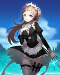  blue_eyes breasts brown_hair covered_navel felicia_(fire_emblem_if) fire_emblem fire_emblem_if garters gloves knife knives_between_fingers maid maid_headdress puffy_sleeves ririko_(zhuoyandesailaer) skirt smile thigh-highs 