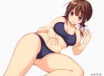  1girl black_bra black_panties bra breasts brown_eyes brown_hair cleavage dated eating grey_background leg_up low_twintails lying mochi mouth_hold navel original panties plump simple_background solo suisen taut_clothes twintails underwear underwear_only 