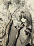  1girl absurdres bare_shoulders bow detached_sleeves hair_ornament hand_on_own_chest highres hoshino_arika kochiya_sanae long_hair monochrome nature sepia sketch snake snake_hair_ornament solo touhou upper_body wide_sleeves 