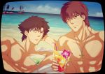  2boys beach brown_hair cross cross_necklace emiya_kiritsugu fate/zero fate_(series) jewelry kotomine_kirei martini_glass multiple_boys necklace olive vacation 