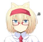  1girl alice_margatroid animal_ears bespectacled blonde_hair blue_eyes blush cat_ears chata_maru_(irori_sabou) glasses hairband highres kemonomimi_mode looking_at_viewer red-framed_glasses solo squiggle touhou upper_body 