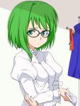  1girl dressing glasses green_eyes green_hair holding_elbow shiki_eiki short_hair solo tenpura_(artist) touhou 