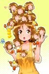  6+girls :d :o bow brown_eyes brown_hair candy chibi dango eating food green_bow happinesscharge_precure! highres ice_cream minigirl multiple_girls multiple_persona oomori_yuuko open_mouth orange_bow overalls precure ryuuta_(cure_ryuuta) shirt short_hair smile wagashi yellow_background 
