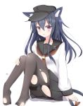  1girl akatsuki_(kantai_collection) anchor_symbol animal_ears artist_request black_hair cat_ears cat_tail commentary_request flat_cap hair_between_eyes hat highres kantai_collection kemonomimi_mode long_hair long_sleeves neckerchief open_mouth pantyhose school_uniform serafuku simple_background solo tail torn_clothes torn_pantyhose white_background 