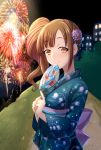  1girl brown_eyes brown_hair fireworks idolmaster idolmaster_cinderella_girls igarashi_kyouko japanese_clothes long_hair pashiri_(shiripa) side_ponytail smile solo 