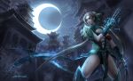 1girl absurdres architecture blood breasts brown_hair claws cleavage crescent_moon east_asian_architecture eclipse electricity hair_ornament highres long_hair moon night ninja outdoors parted_lips skull_hair_ornament solo very_long_hair weapon xiaoguimist 