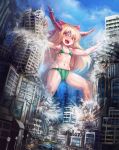  1girl bikini blonde_hair bow city destruction giantess hair_bow horns ibuki_suika long_hair motor_vehicle muscle open_mouth red_eyes ribbon size_difference swimsuit touhou truck vehicle watermelon_print yilx 