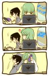  1boy 1girl 3koma ? bangs black_hair c.c. cellphone code_geass comic computer creayus green_hair laptop lelouch_lamperouge phone sigh stretch taking_picture translation_request yawning 