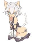  1girl animal_ears assassin_of_black bandages bare_shoulders black_gloves black_legwear blade_(galaxist) blue_eyes cat_ears cat_tail chicken_(food) chicken_leg fate/apocrypha fate_(series) fingerless_gloves food food_in_mouth gloves hair_between_eyes kneeling mouth_hold scar short_hair silver_hair simple_background small_breasts solo string_panties tail thighhighs white_background 