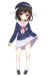  1girl alternate_costume animal_ears black_hair blush full_body hat inaba_tewi kneehighs looking_at_viewer miniskirt rabbit_ears red_eyes sailor_collar school_uniform shinoba shirt shoes short_hair simple_background skirt skirt_lift smile solo touhou white_background white_legwear 