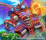  blue_sky clenched_hand clouds company_name duel_masters dutch_angle fire glowing glowing_eyes grass hata_(pixiv4102938) no_humans official_art open_mouth outdoors pillar purple_tongue sky solid_eyes solo stairs watermark yellow_eyes 