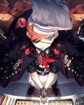  1girl 2014 apron ascot baking belt blue_eyes candy chef_hat coat cookie drill_hair eyepatch fisheye food from_above gingerbread_man gloves glowing glowing_eyes hat jacket_on_shoulders lollipop lost_crusade masa_(masa-koba) medal original redhead salute sleeves_rolled_up square_enix 