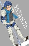  1boy blue_hair boots cape fate/stay_night fate_(series) fusion highres lancer namesake plaid plaid_scarf polearm ponytail red_eyes scarf setanta shimo_(s_kaminaka) shin_megami_tensei solo spear thigh-highs thigh_boots weapon younger 