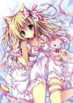  1girl absurdres animal_ears blonde_hair bow breasts cat_ears cat_tail dress hair_bow herurun highres lying on_back pink_eyes ribbon smile stuffed_animal stuffed_bunny stuffed_toy tail 