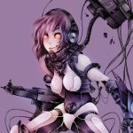  1girl artist_name genesect gun headphones mechanical_arm open_mouth personification pokemon pokemon_(game) pokemon_bw purple_hair red_eyes solo tecchen weapon wire 