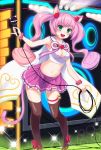  1girl :d ahoge animal_ears bangs bell black_legwear blue_eyes cat_ears cat_tail eruthika fang headband heart highres microphone midriff open_mouth pink_hair ribbon rosia_(show_by_rock!!) show_by_rock!! skirt smile solo stage tail thigh-highs thigh_strap twintails 