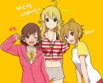  3girls :d artist_name blonde_hair brown_eyes brown_hair green_eyes honda_mio hoodie hoshii_miki ibuki_tsubasa idolmaster korean long_hair midriff multiple_girls navel one_eye_closed open_mouth orange_background raglan_sleeves red_eyes rod_(rod4817) short_hair shorts simple_background smile translation_request v 