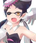 1girl black_hair callie_(splatoon) fang highres kuromu_(underporno) leotard low_twintails one_eye_closed open_mouth pointy_ears smile solo splatoon twintails upper_body yellow_eyes