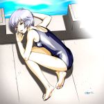  1girl ayanami_rei bare_shoulders barefoot blue_hair feet from_above lying minazuki_juuzou neon_genesis_evangelion on_side one-piece_swimsuit open_mouth red_eyes school_swimsuit short_hair solo swimsuit 
