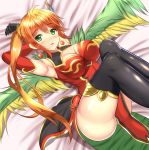  1girl armpits breasts chinese_clothes cleavage cleavage_cutout earrings gloves green_eyes jewelry leiran_(p&amp;d) long_hair lying noeomi puzzle_&amp;_dragons redhead side_ponytail solo thigh-highs wings zettai_ryouiki 