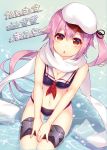  1girl adapted_costume beret breasts cleavage harusame_(kantai_collection) hat highres kantai_collection long_hair looking_at_viewer midriff nonomaro open_mouth pink_eyes pink_hair scarf side_ponytail solo 