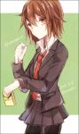  1girl 2015 black_legwear black_skirt blazer brown_eyes brown_hair character_name cigarette cigarette_box dated heart holding kabocha_torute kantai_collection long_sleeves namesake necktie pantyhose pleated_skirt short_hair skirt solo twitter_username wakaba_(kantai_collection) 