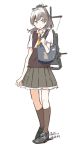  1girl ascot bag brown_hair dated full_body kantai_collection kawashina_(momen_silicon) kneehighs kumano_(kantai_collection) loafers long_hair machinery pleated_skirt ponytail school_uniform shoes short_sleeves shoulder_bag signature simple_background skirt solo sweater_vest white_background 