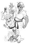  1boy 1girl breasts comic dark_skin dougi highres karate_gi large_breasts monochrome original short_hair sitting sitting_on_person size_difference sweat synecdoche translation_request 