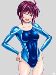  1girl anzu_(onelelee) blue_eyes gundam gundam_seed gundam_seed_destiny leotard lunamaria_hawke one_eye_closed purple_hair short_hair standing 