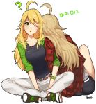  ? artist_name belt blonde_hair dual_persona hoshii_miki idolmaster indian_style korean long_hair lowres one_eye_closed pants plaid rod_(rod4817) shoes shorts simple_background sitting sneakers translation_request white_background 