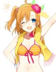  1girl ;d bikini blue_eyes breasts chisumi cleavage flower front-tie_bikini front-tie_top hair_flower hair_ornament hairband hand_on_hip kousaka_honoka looking_at_viewer love_live!_school_idol_project navel one_eye_closed open_mouth orange_hair outstretched_arm side_ponytail smile solo swimsuit twitter_username white_background 
