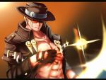  1boy abs blonde_hair coin fingerless_gloves gloves guilty_gear hat high_collar jacket johnny_(guilty_gear) male_focus motion_blur nose otsumami_(otsu-mugi) shirtless solo sunglasses 