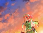  2girls arms_around_neck asymmetrical_wings beret blonde_hair blue_eyes braid chinese_clothes citrus_(place) clouds cloudy_sky evening flandre_scarlet from_below green_clothes hat hong_meiling looking_at_viewer mary_janes mob_cap multiple_girls perspective piggyback redhead shoes side_slit sky smile tangzhuang touhou twin_braids wings 