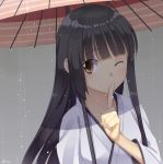  1girl black_hair brown_eyes finger_to_mouth japanese_clothes kantai_collection lo_(rogu_ryouiki) long_hair looking_at_viewer one_eye_closed rain shouhou_(kantai_collection) shushing solo umbrella 