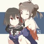  2girls ;) antenna_hair black_gloves black_hair breasts brown_eyes brown_hair double_bun gloves grin haguro_(kantai_collection) hair_ornament kantai_collection long_sleeves looking_at_another military military_uniform multiple_girls naka_(kantai_collection) one_eye_closed piggyback school_uniform serafuku short_hair sideboob smile souji torn_clothes torn_gloves uniform 