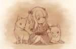  1girl apple_bunny blush character_request closed_eyes long_hair monochrome one_eye_closed sitting smile two_side_up walpurgis_no_uta wolf wolf_cub yuuna_minato 